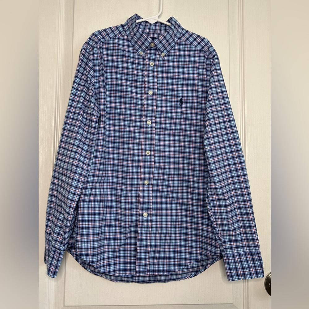 Ralph Lauren Performance Button Down Preppy Shirt Blue Checks Boys M 10/12